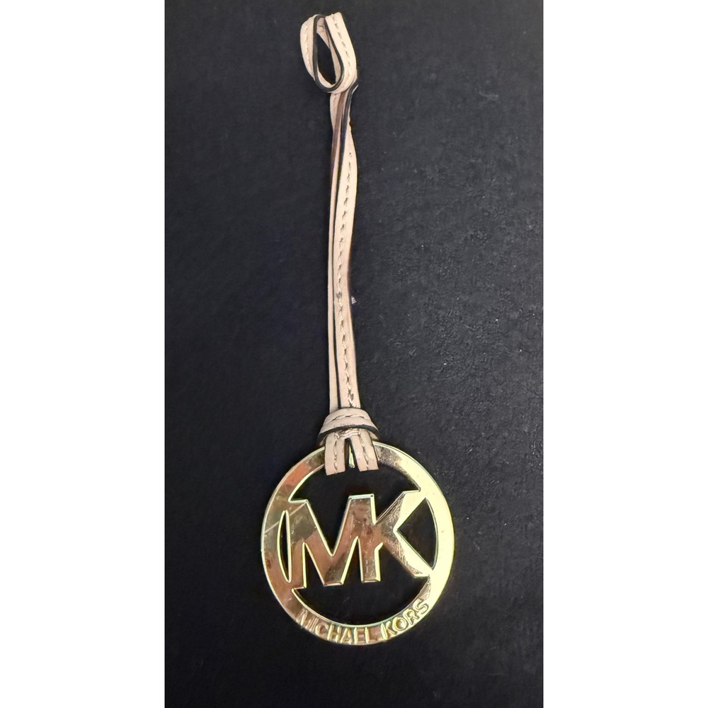 Michael Kors MK Logo Bag Charm Ballet Pink Saffiano Leather Gold Tone